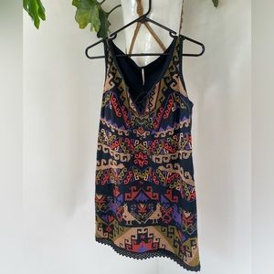 Free People Andean Aztec Embroidered crochet lace-up linen shift dress Size 10